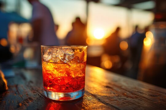 Refreshing Cocktail with Ice Cubes at Sunset Bar.