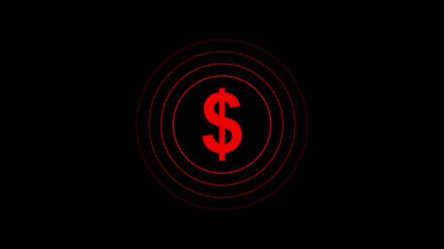 A simple graphic depicts a black dollar sign centered within a series of concentric circles high quality professional detailed modern elegant. animation. 4k video