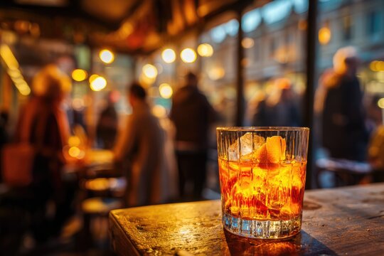 A refreshing cocktail with ice and orange peel on a bar counter.