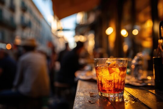 Refreshing Cocktail with Ice Cubes on a Bar Counter at Dusk.