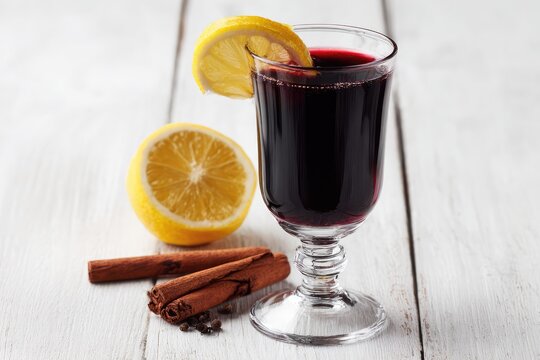 Warm Mulled Wine with Cinnamon and Lemon on a White Wooden Table.