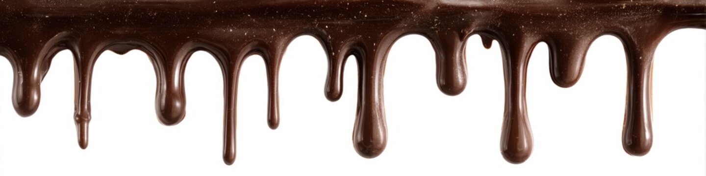 Delicious Dark Chocolate Drips Flowing Downwards on a White Background.