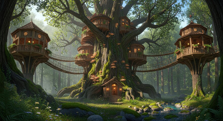 Obraz premium Whimsical treehouse village in a misty forest with rope bridges