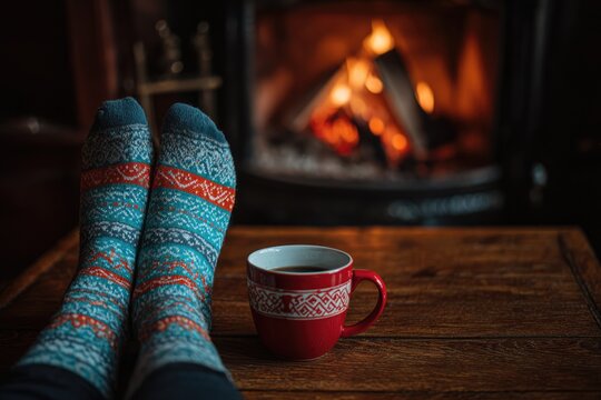 Cozy Evening Relaxation by a Warm Fireplace with Hot Drink.