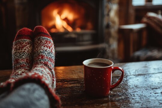 Cozy Winter Evening Relaxing by a Warm Fireplace with Hot Coffee.