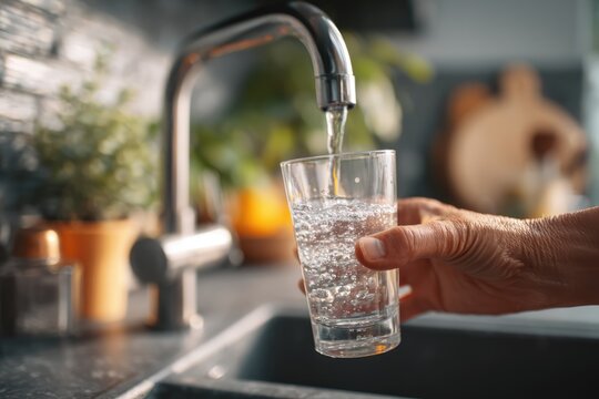 Pouring Fresh Cold Water From Kitchen Faucet Into Clear Glass.