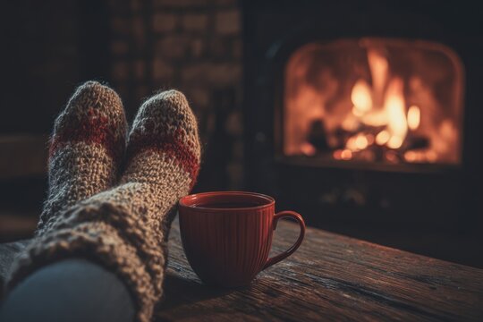 Cozy Winter Evening With Warm Socks And Hot Drink By Fireplace.