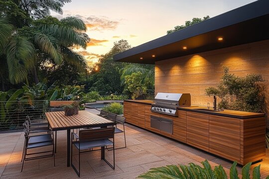 Modern outdoor kitchen and dining terrace with wooden cabinetry, built-in stainless steel grill, wood table and metal chairs, tropical plants and warm sunset glow, inviting relaxed atmosphere