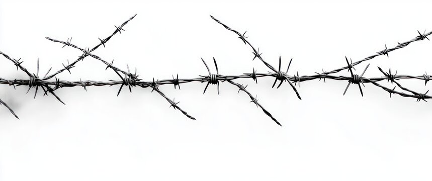 single horizontal strand of barbed wire with sharp twisted barbs on stark white background conveying tension and isolation