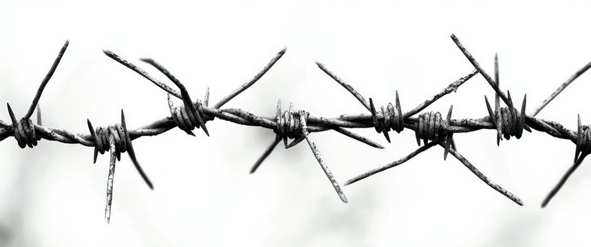 Close-up of weathered single strand barbed wire with sharp twisted barbs against a blurred white background, evoking tension and isolation