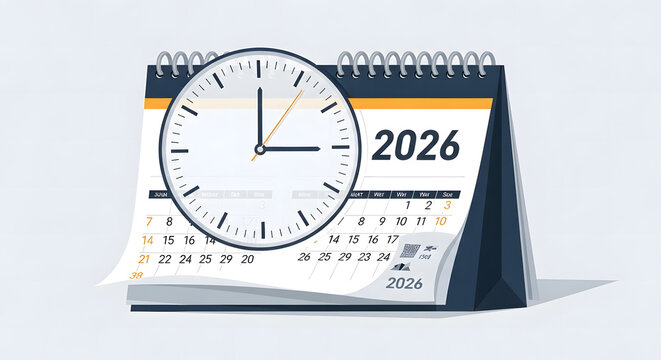 Time's Passage: The year 2026 is highlighted on a calendar as a clock symbolizes time, signifying the importance of planning.