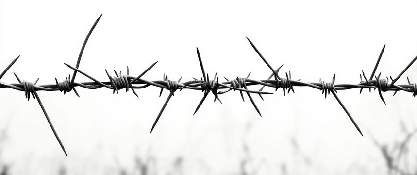 taut barbed wire strand with twisted sharp barbs cutting across a pale sky above a blurred field, conveying tension and isolation