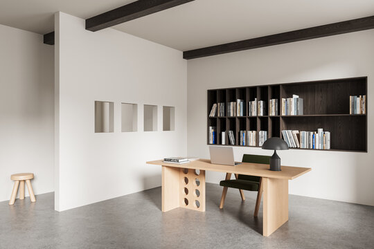 Minimalist office interior with modern wooden desk, organized shelving, soft lighting and clean architecture creating a serene workspace design concept. 3D Rendering