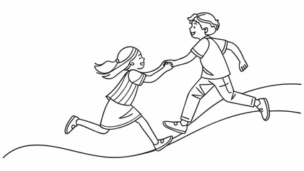 Fototapeta premium Two children running together, holding hands and helping each other up a hill.