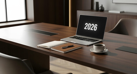 Naklejka premium Office Table with Year 2026 Displayed: A modern office setting features a dark wooden table with a laptop displaying the year 2026. Emphasizing forward-thinking and business planning