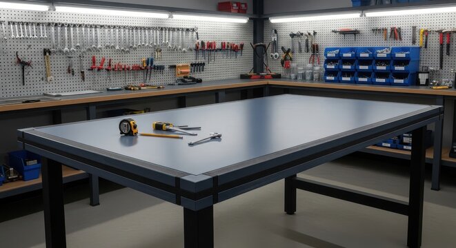 A well-equipped workshop featuring a sturdy workbench with tools, organized storage, and bright overhead lighting