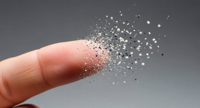 Human finger disintegrating into tiny dust particles, symbolizing decay, dispersion, and digital transformation