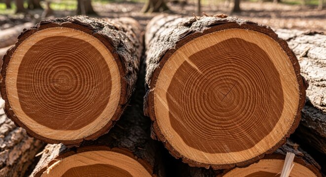 Close-up view of split cedar logs revealing detailed wood grain and rough bark texture outdoors