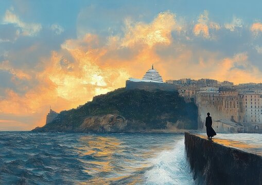 Solitary figure on a seawall watching crashing waves and a coastal town on a rocky headland with a white tiered building at sunset, evoking contemplative solitude