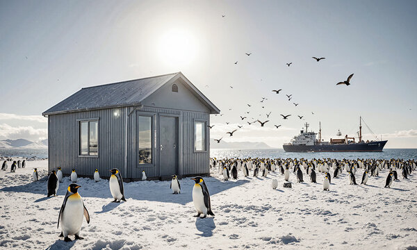 Penguins researcher expedition king penguins gather near a metal hut and supply ship at Crozet Islands with copy space