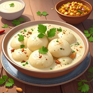 Dumplings in cream sauce, parsley garnish. Side bowl of lentils, wooden table. Bright lighting