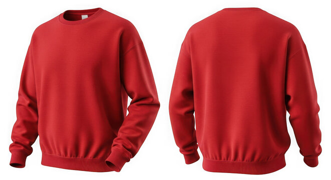 Red crew neck sweatshirt, front and back view isolated on transparent background