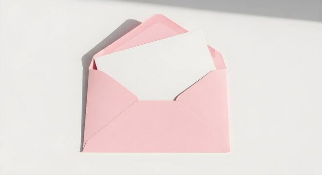 Top view of a blank white card inside a pastel pink envelope isolated on white background