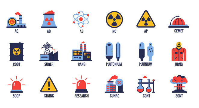 Collection of flat, modern vector icons representing nuclear energy, power plants, atomic structures, warning symbols, scientific research equipment, and protective gear, rendered