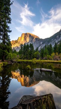 Mountain peak reflects in lake amidst trees under a sky with clouds. Warm sunlight highlighting mountaintop