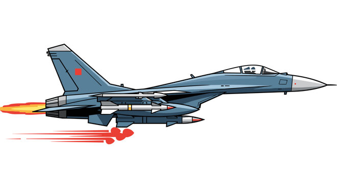 Sleek modern fighter jet aircraft soaring through the sky, propelled by powerful engine exhaust flames and trailing motion lines, carrying missiles, depicting speed and aerial