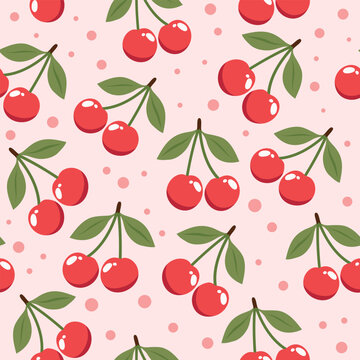 Pattern of cherries. Bright seamless large vector pattern of cherries with green leaves. Perfect for summer kitchen decor, fabric design, packaging, summer design, desserts