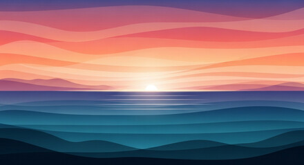 Fototapeta premium A vibrant vector graphic illustration of a serene sunset over a peaceful ocean landscape with rolling hills
