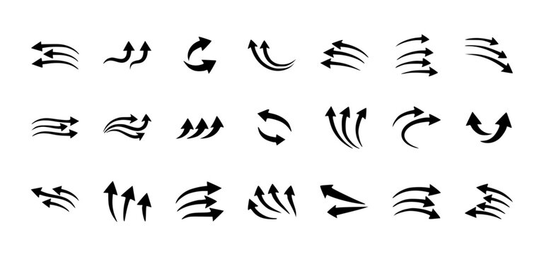 Set of curved dynamic arrow silhouettes, minimalist swoosh pointers and abstract directional line symbols vector illustration.