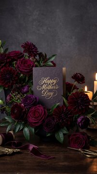 Romantic burgundy roses and flowers arrangement with candles on wooden table Mother's Day