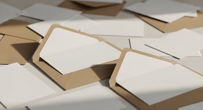 Top view of blank white cards in craft paper envelopes arranged on a light surface, minimalist stationery mockup for branding and invitation design