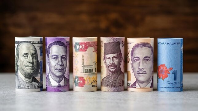 International currency rolls on table, global money exchange concept, diverse foreign banknotes