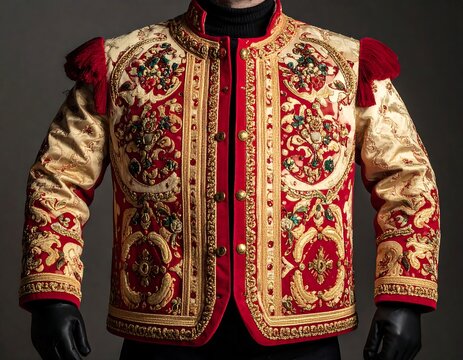 Ornate red & gold jacket with intricate embroidery, tassels on shoulders, and brass buttons