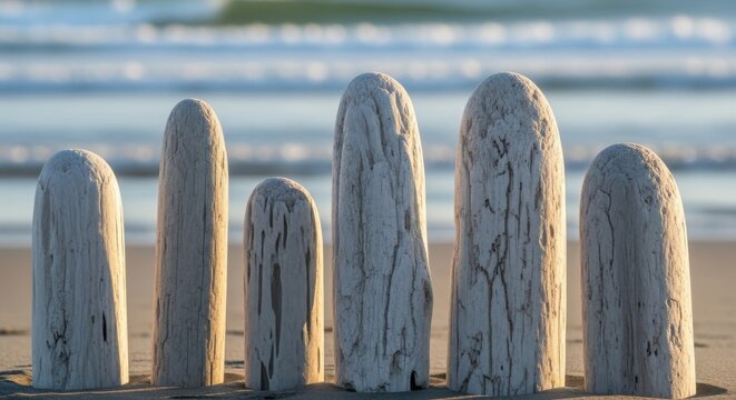 Weathered driftwood fragments with smooth rounded edges line a sandy beach with the ocean in soft focus behind them