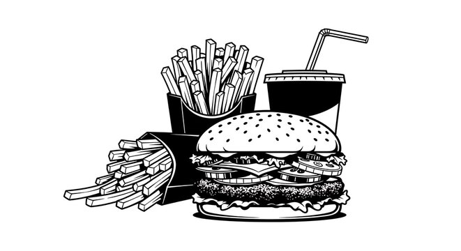 A delicious fast food meal with burger, fries, and soda in vector graphic design