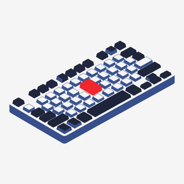 Isometric Keyboard Illustration with Red Key Highlight, Technology and Input Device.