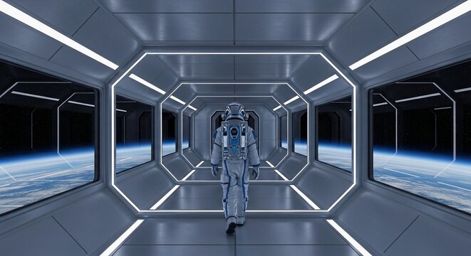 Astronaut walking through futuristic space station