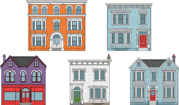 Vector illustration set of colorful Victorian house facades and urban townhouse buildings with classic architectural details isolated on white background for real estate design.