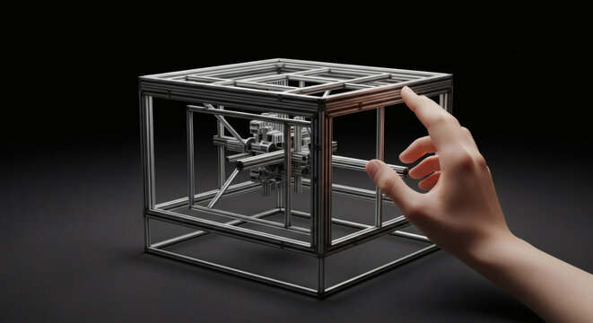 Future Unveiled A human hand interacts with an intricate mechanical cube, symbolizing advanced engineering, human-machine interface, and the tangible exploration of technological innovation