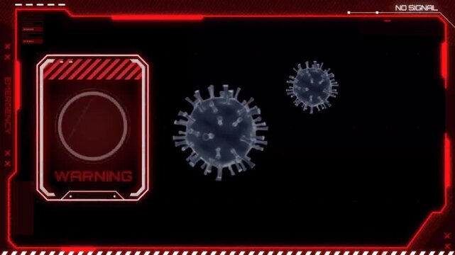 Futuristic red HUD interface with bio threat and cyber security concept.