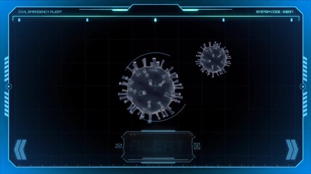 Futuristic red HUD interface with bio threat and cyber security concept.