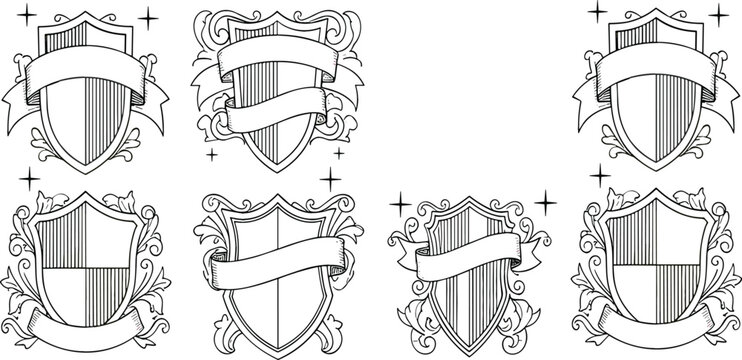 Set of Decorative Heraldic Shields with Blank Banners for Emblems, Logos, and Vintage Designs