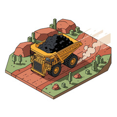 Isometric Illustration of a Mining Dump Truck Carrying Coal. © Guling