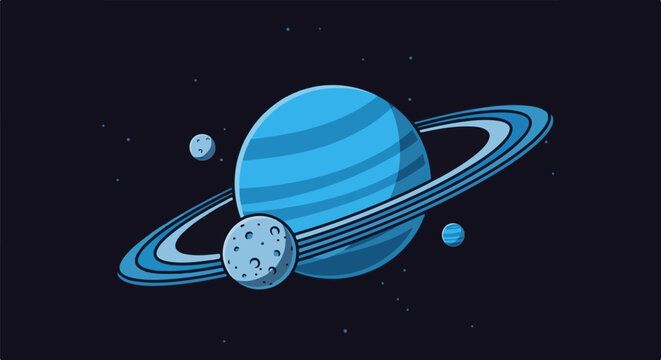 Blue ringed planet with moons in pixelated outer space