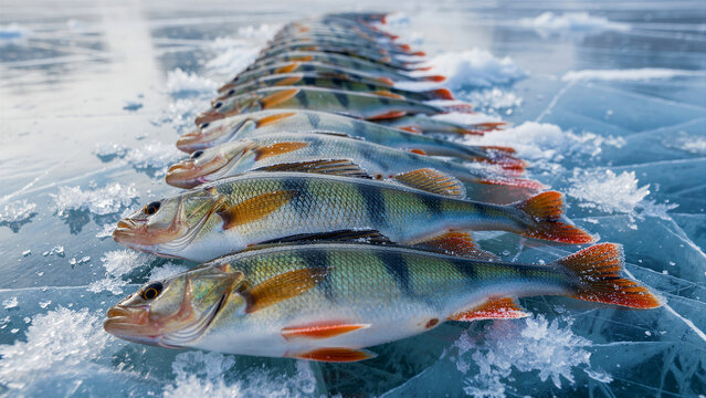 A captivating, neatly arranged row of freshly caught european perch fish, showcasing their distinctive striped bodies, iridescent scales, and striking orange-red fins, a vibrant display of winter