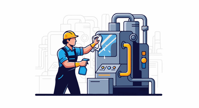 Worker cleans industrial machine with spray bottle and cloth